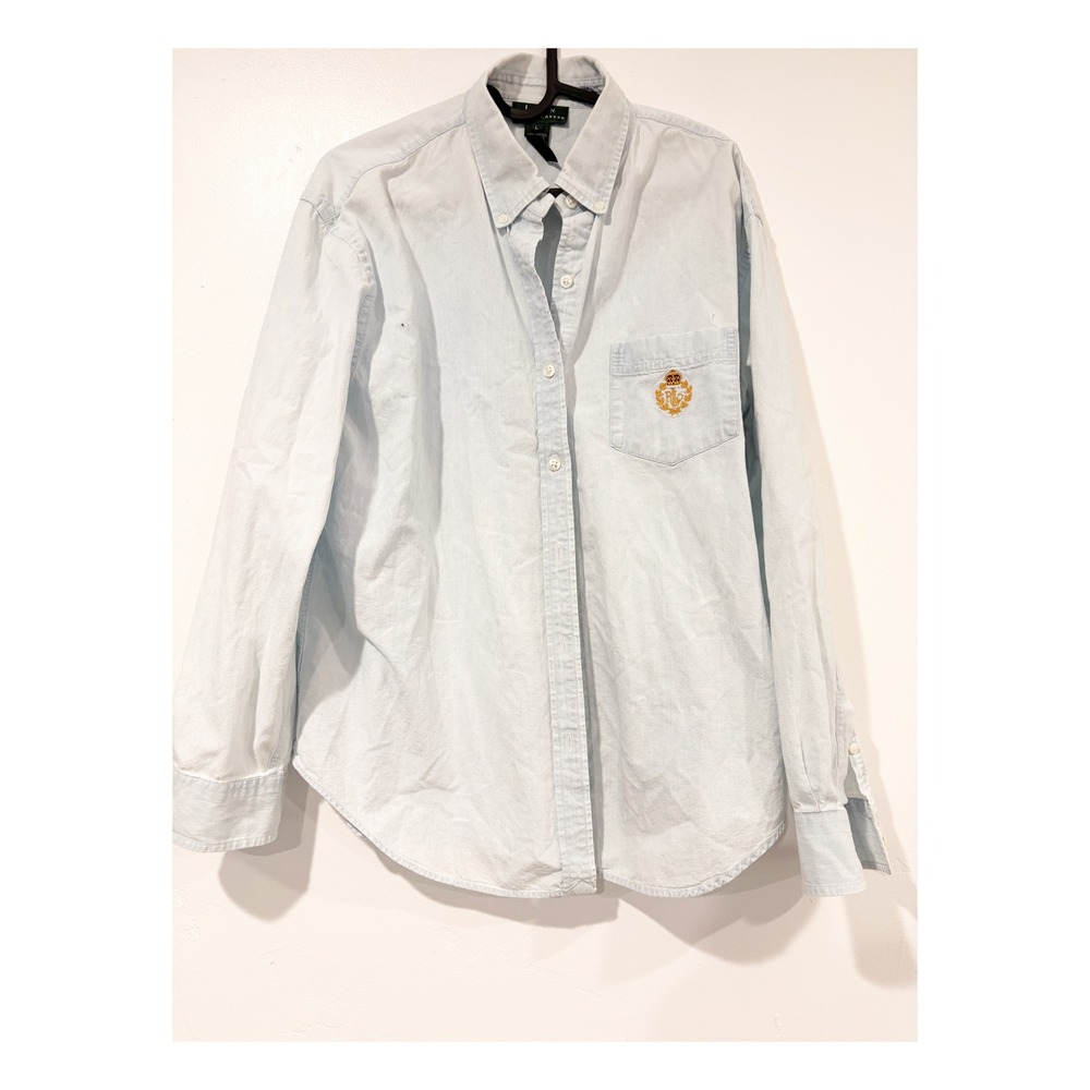 Lauren Ralph Lauren Light Wash Denim Chambray Button Down Shirt Crest Logo L